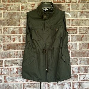 Pleione Olive Green Denim Zip Snap Utility  Safari Vest